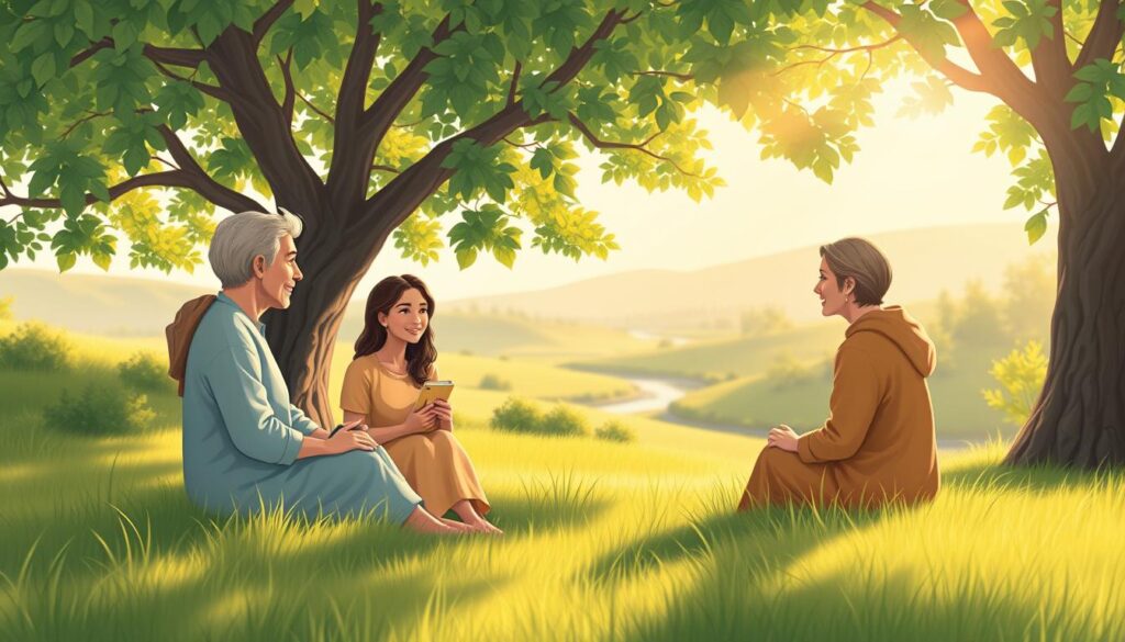 A small group sitting together in a calm, supportive circle.
